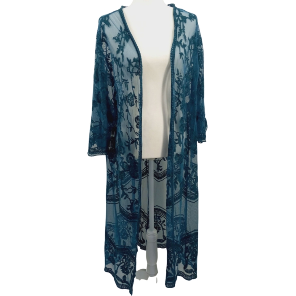 *SOLD* CRACKER BARREL Boho Chic Teal Floral Lace Mesh Kimono Duster Beach Cover - Picture 12 of 12